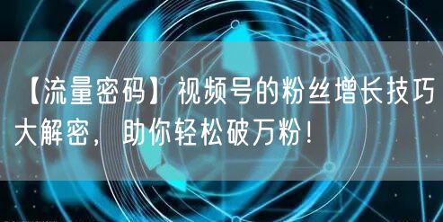 【流量密码】视频号的粉丝增长技巧大解密，助你轻松破万粉！